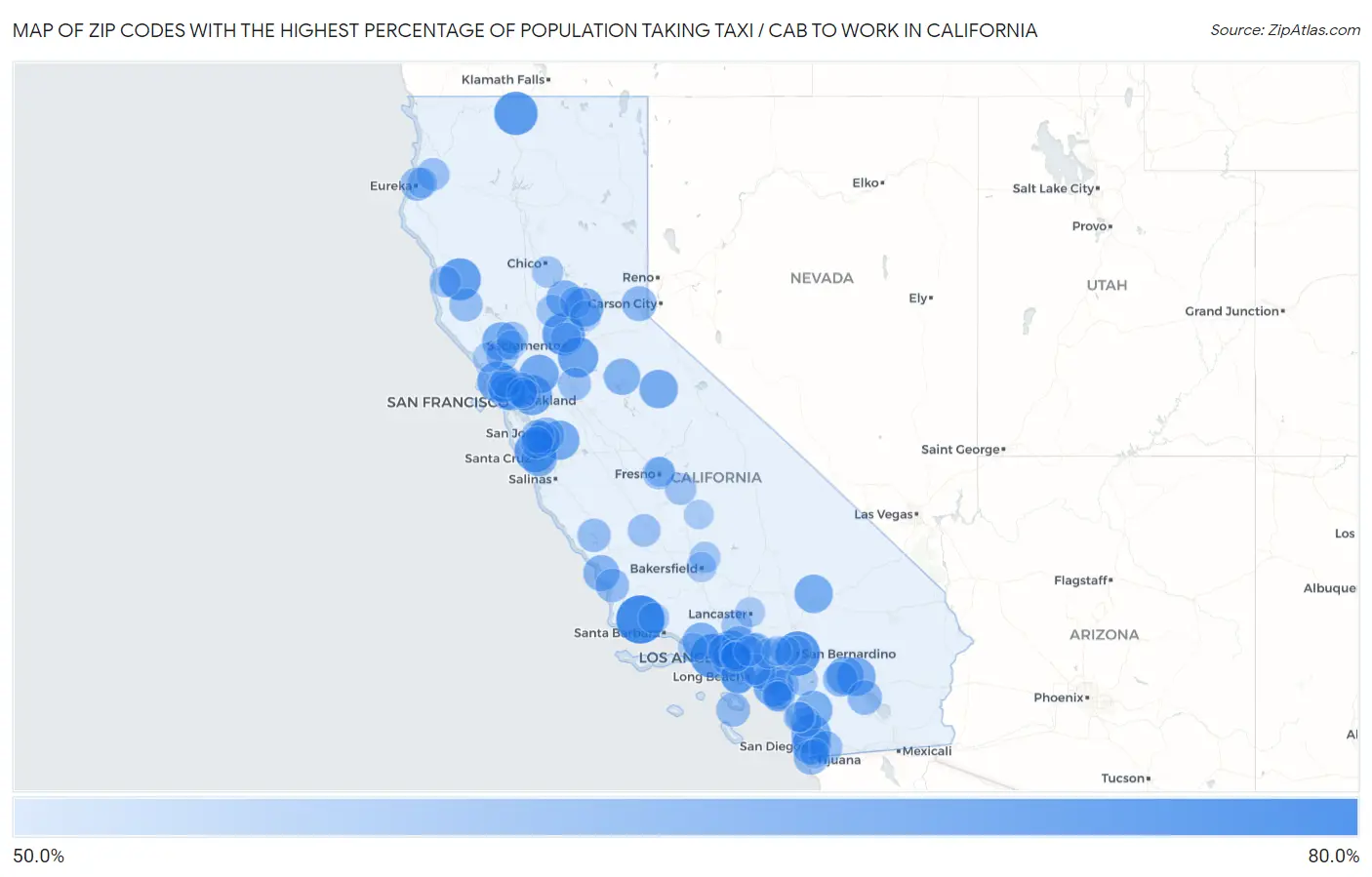 Zip Codes with the Highest Percentage of Population Taking Taxi / Cab to Work in California Map