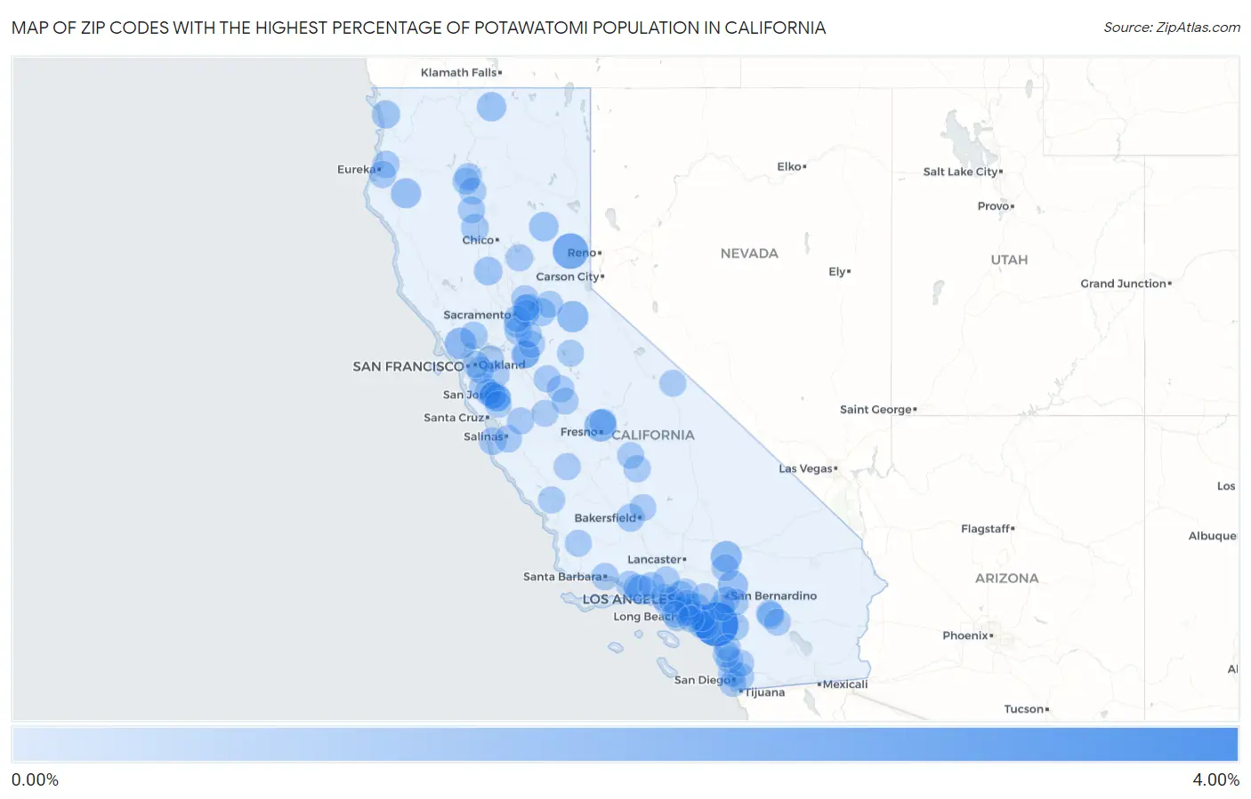 Zip Codes with the Highest Percentage of Potawatomi Population in California Map
