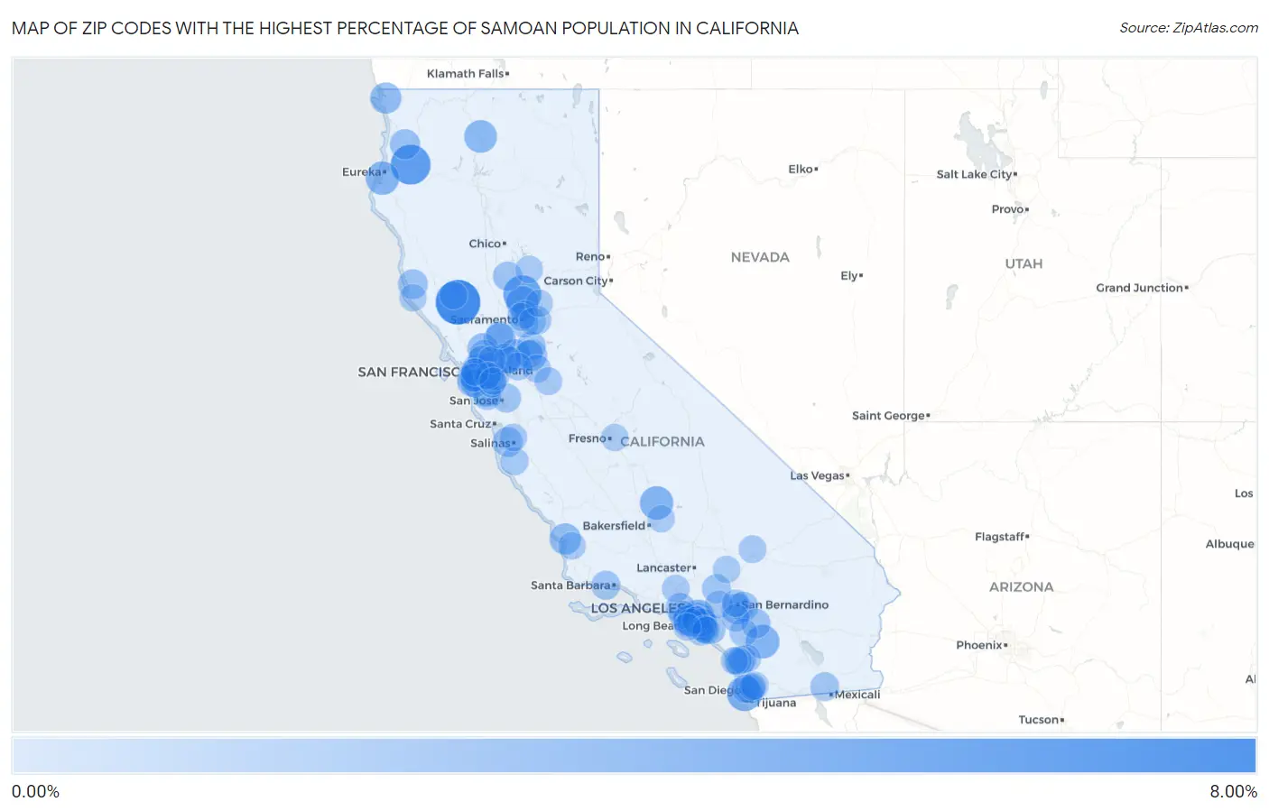 Zip Codes with the Highest Percentage of Samoan Population in California Map