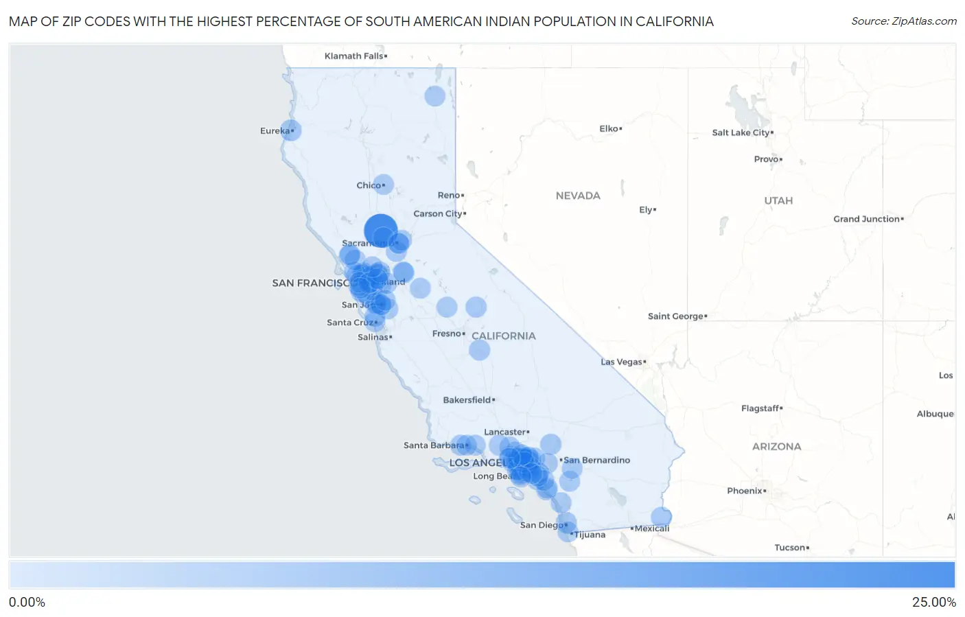 Zip Codes with the Highest Percentage of South American Indian Population in California Map