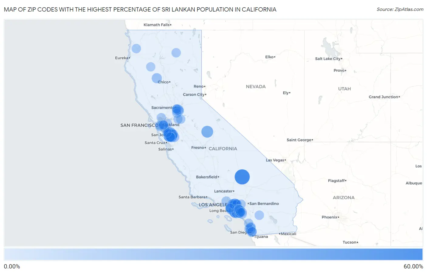 Zip Codes with the Highest Percentage of Sri Lankan Population in California Map