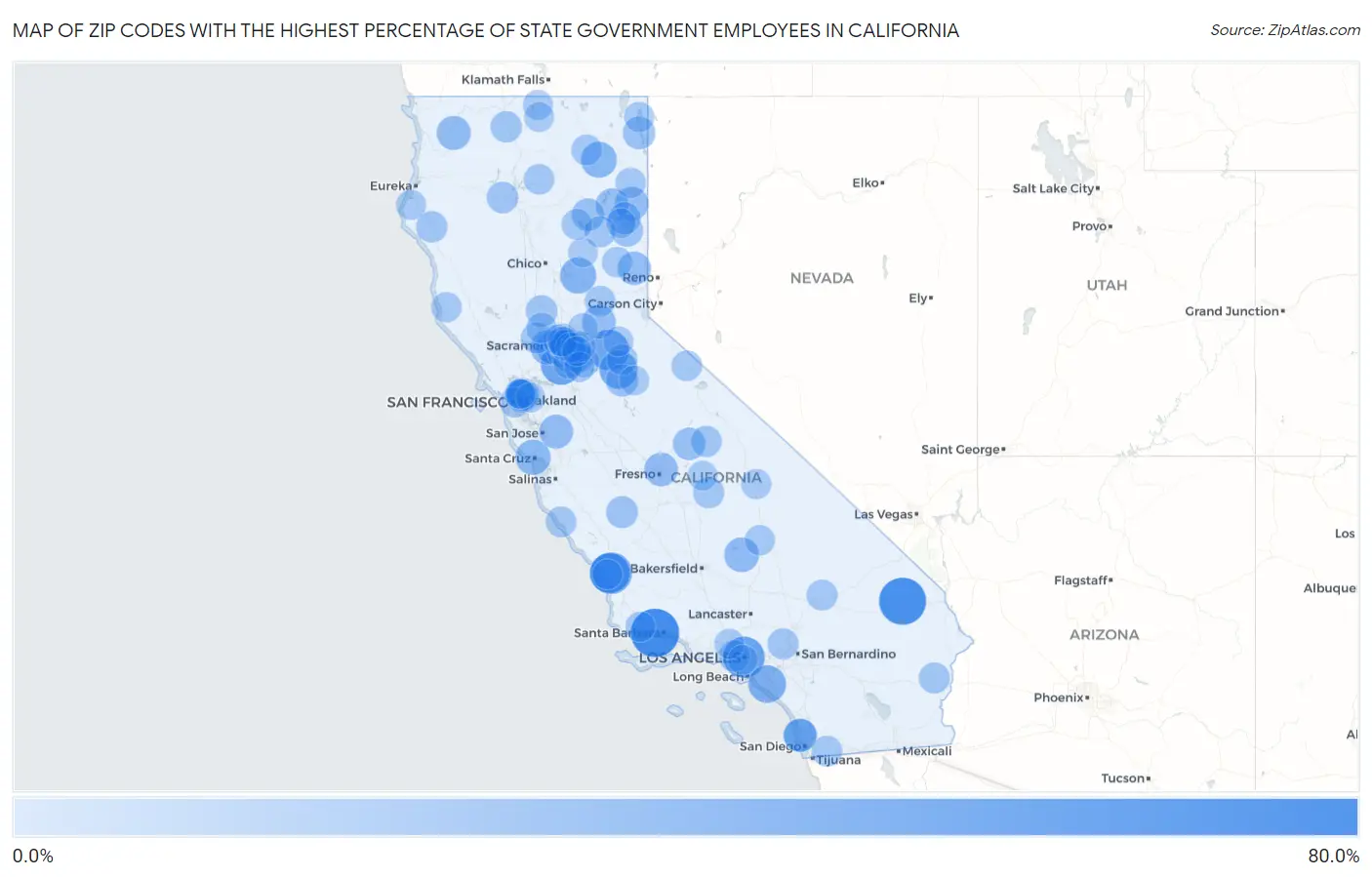 Zip Codes with the Highest Percentage of State Government Employees in California Map