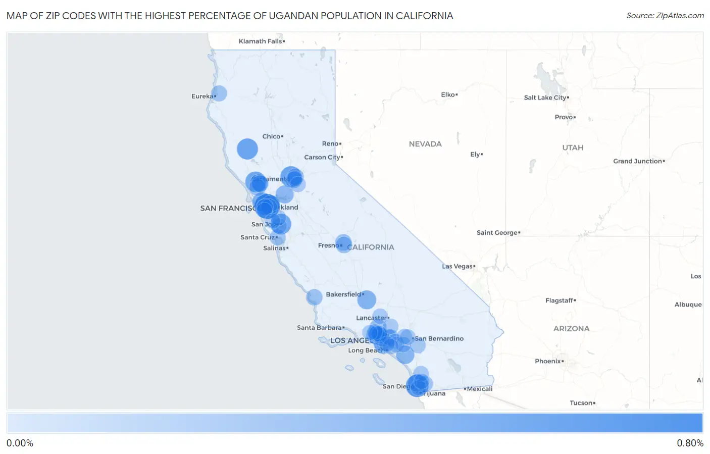Zip Codes with the Highest Percentage of Ugandan Population in California Map