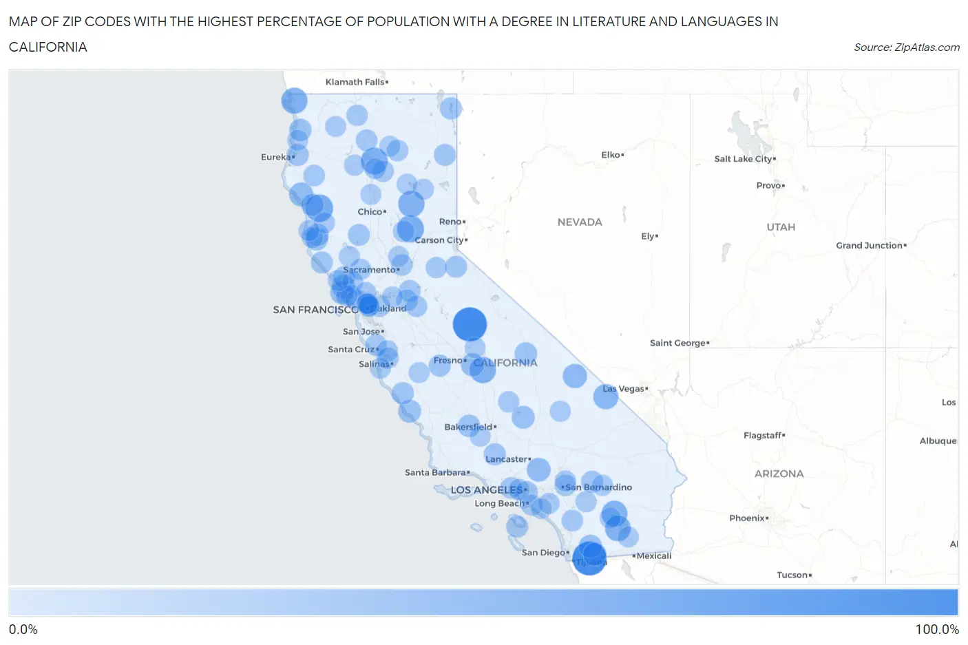 Zip Codes with the Highest Percentage of Population with a Degree in Literature and Languages in California Map