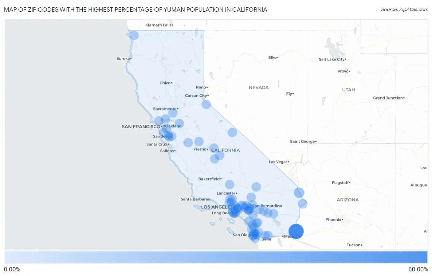 Zip Codes with the Highest Percentage of Yuman Population in California Map
