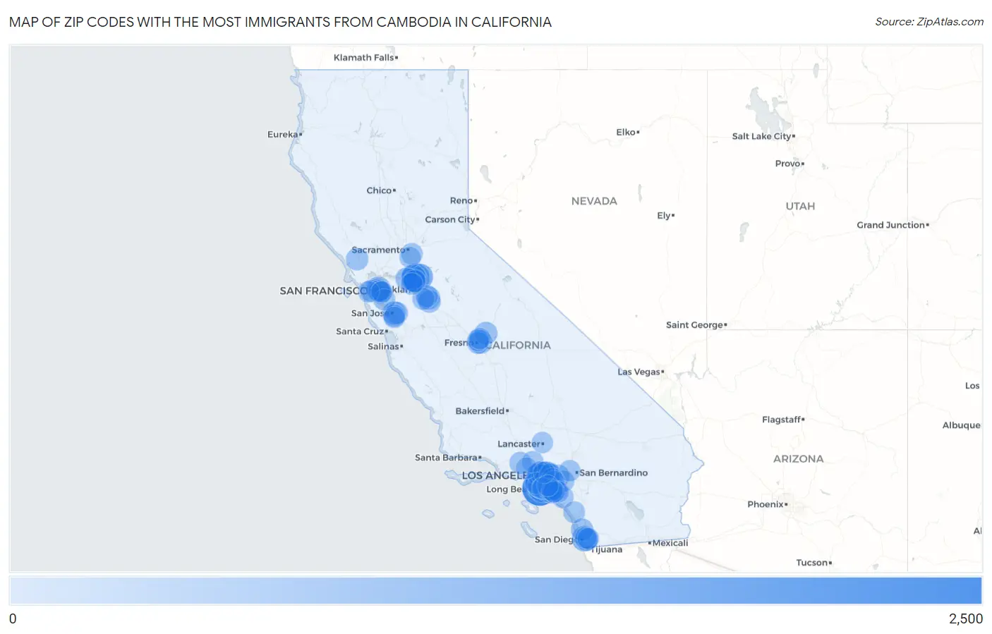Zip Codes with the Most Immigrants from Cambodia in California Map