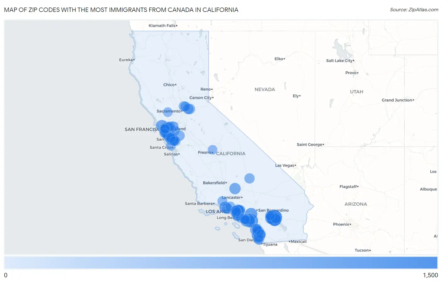 Zip Codes with the Most Immigrants from Canada in California Map