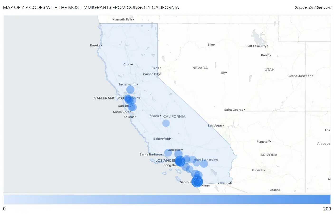 Zip Codes with the Most Immigrants from Congo in California Map