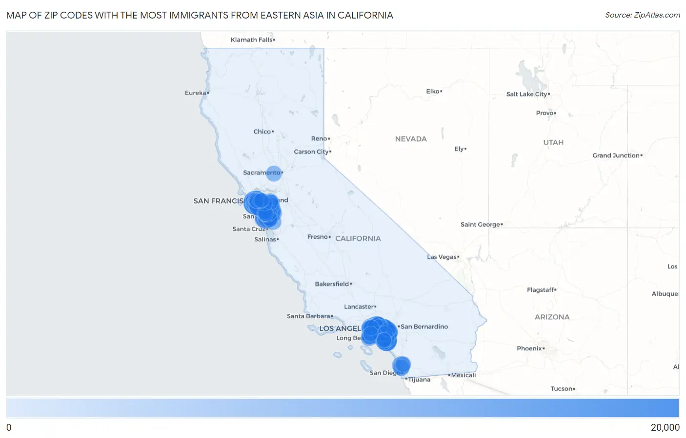 Zip Codes with the Most Immigrants from Eastern Asia in California Map