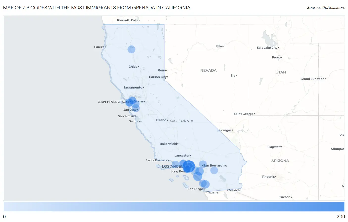 Zip Codes with the Most Immigrants from Grenada in California Map