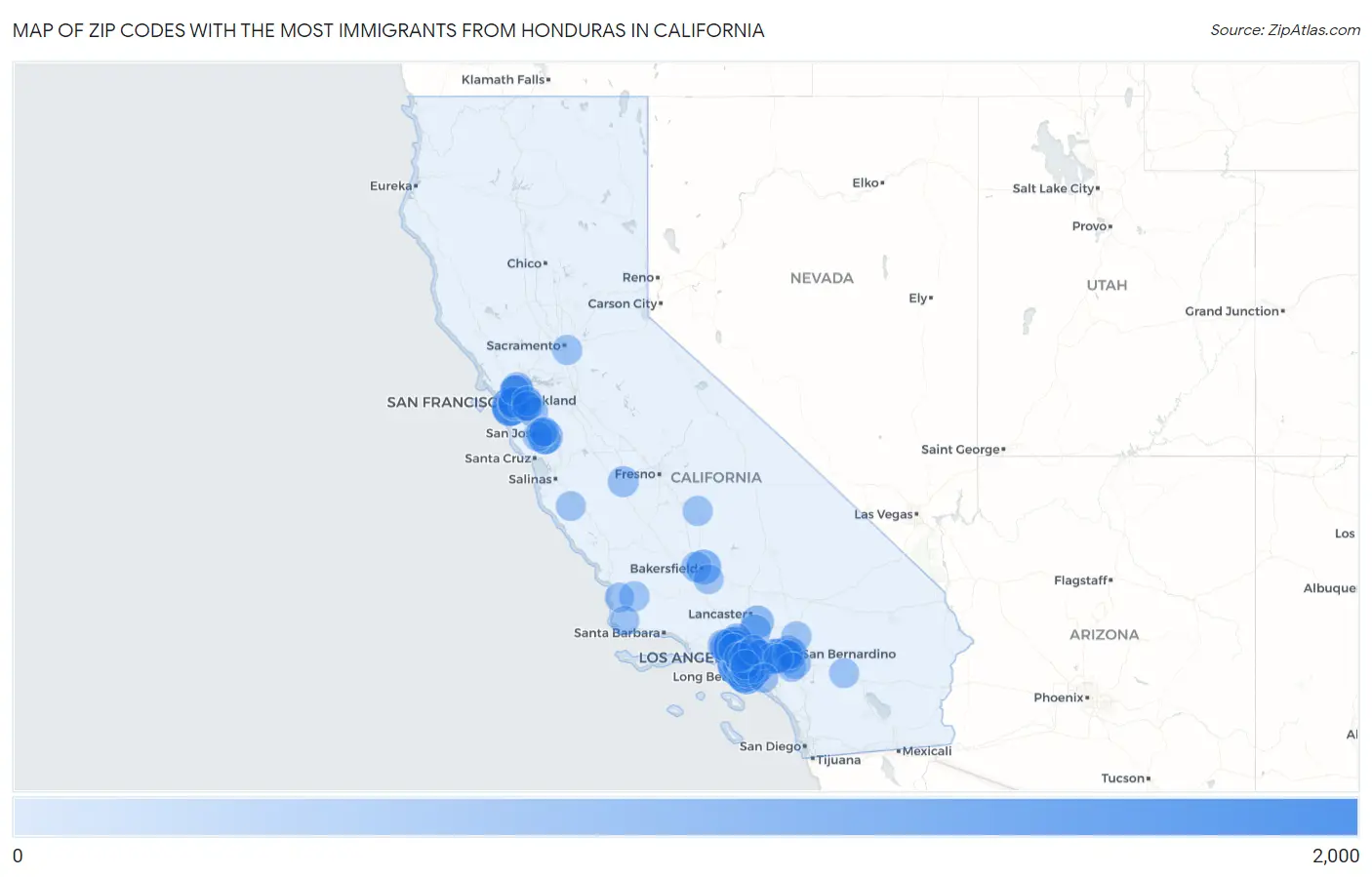 Zip Codes with the Most Immigrants from Honduras in California Map