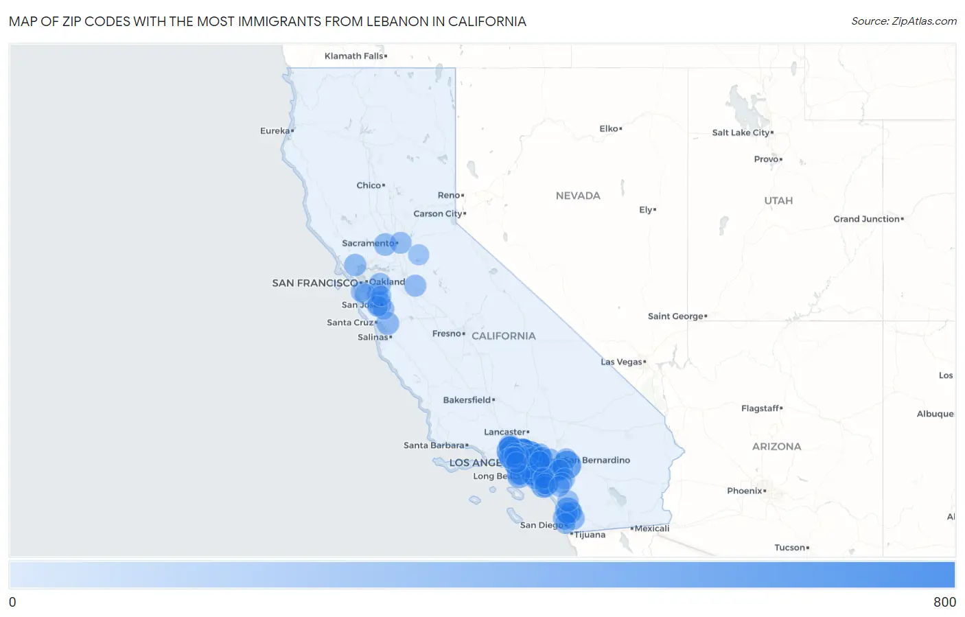 Zip Codes with the Most Immigrants from Lebanon in California Map
