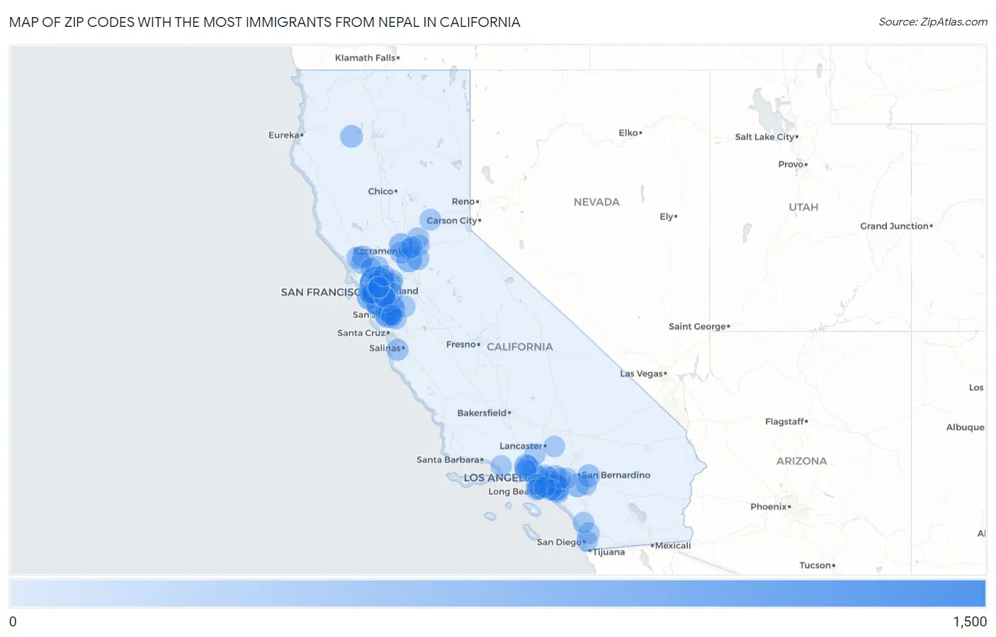 Zip Codes with the Most Immigrants from Nepal in California Map