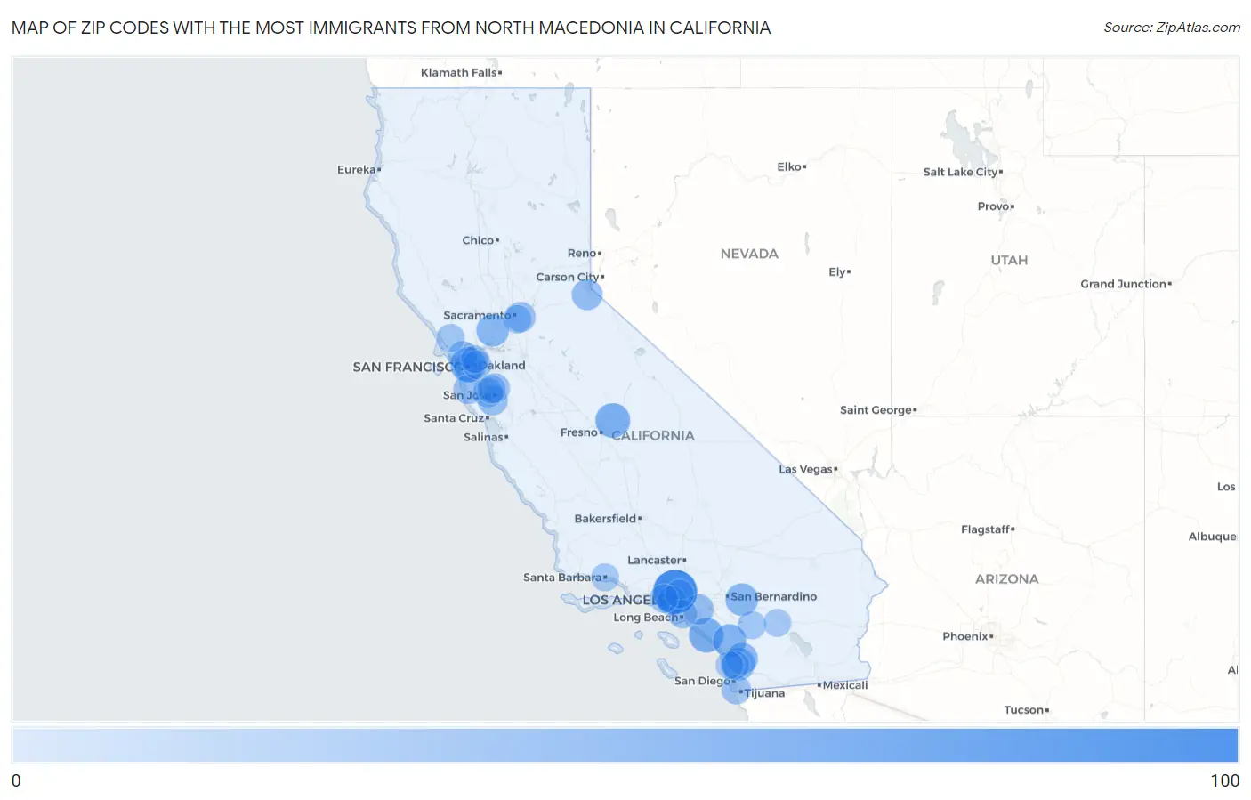 Zip Codes with the Most Immigrants from North Macedonia in California Map