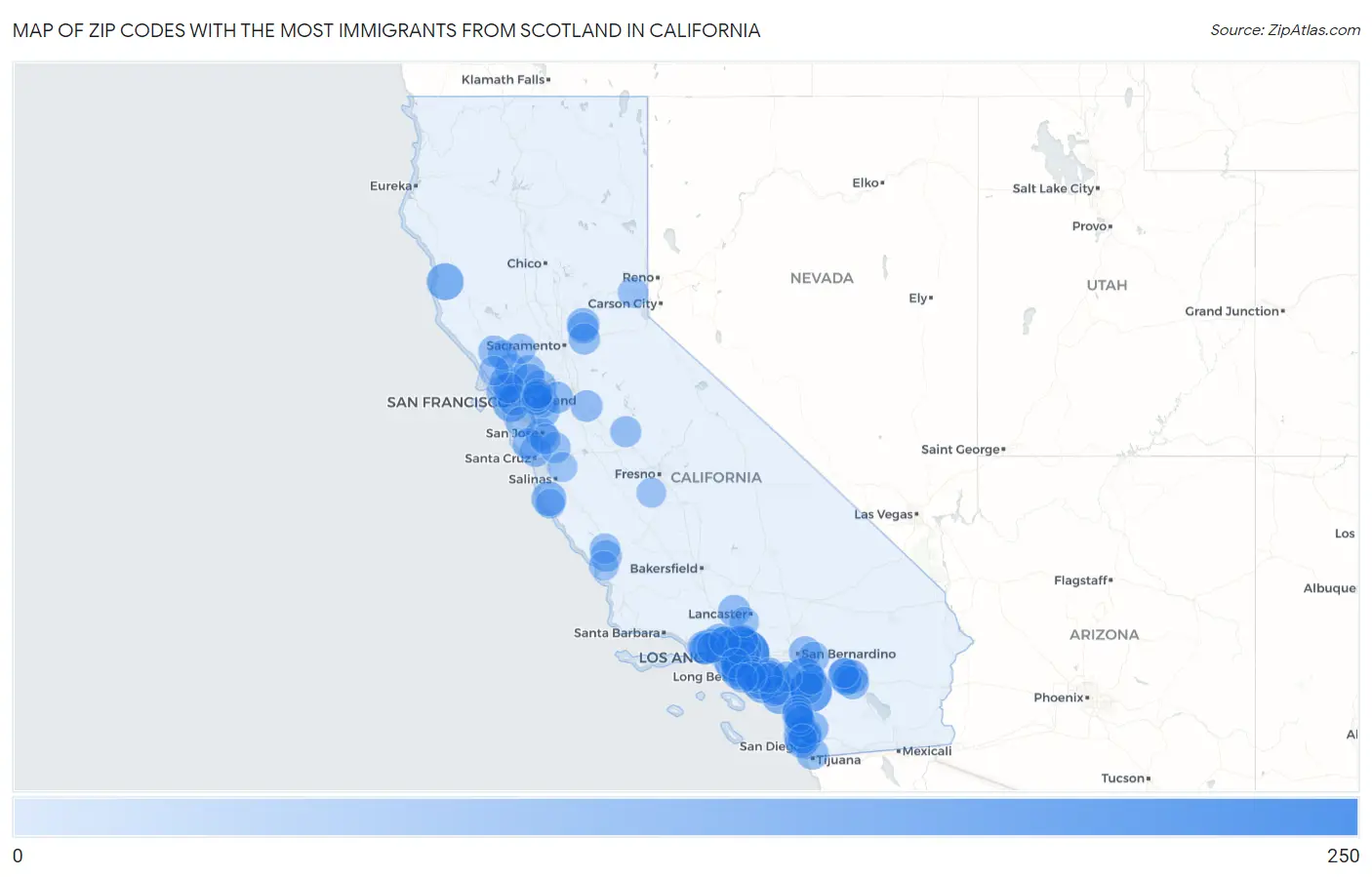 Zip Codes with the Most Immigrants from Scotland in California Map
