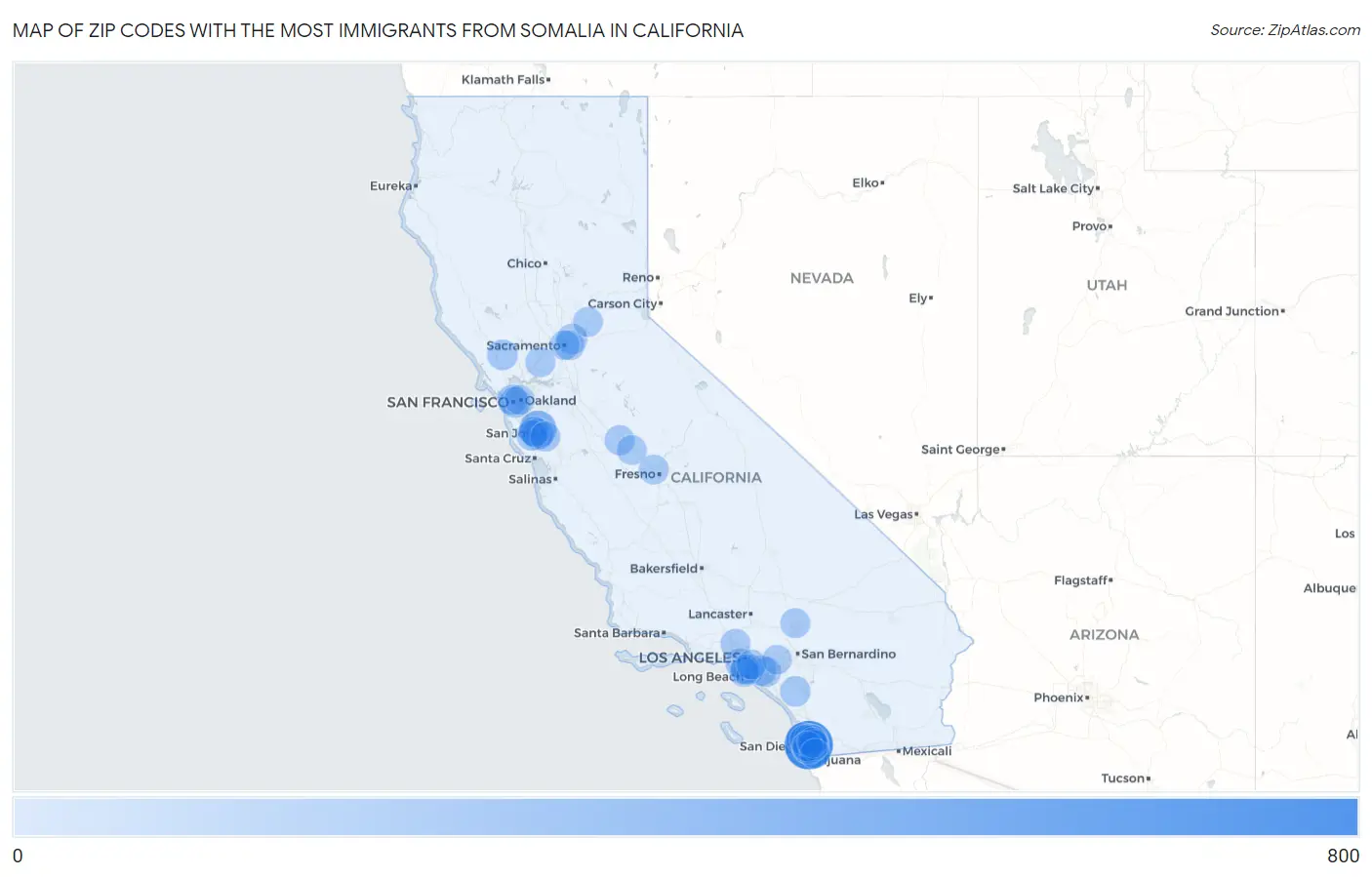 Zip Codes with the Most Immigrants from Somalia in California Map