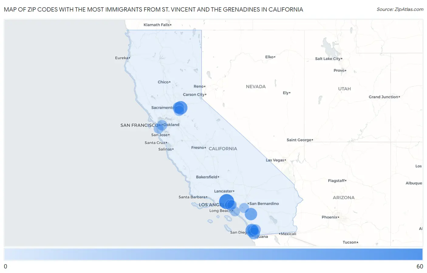 Zip Codes with the Most Immigrants from St. Vincent and the Grenadines in California Map