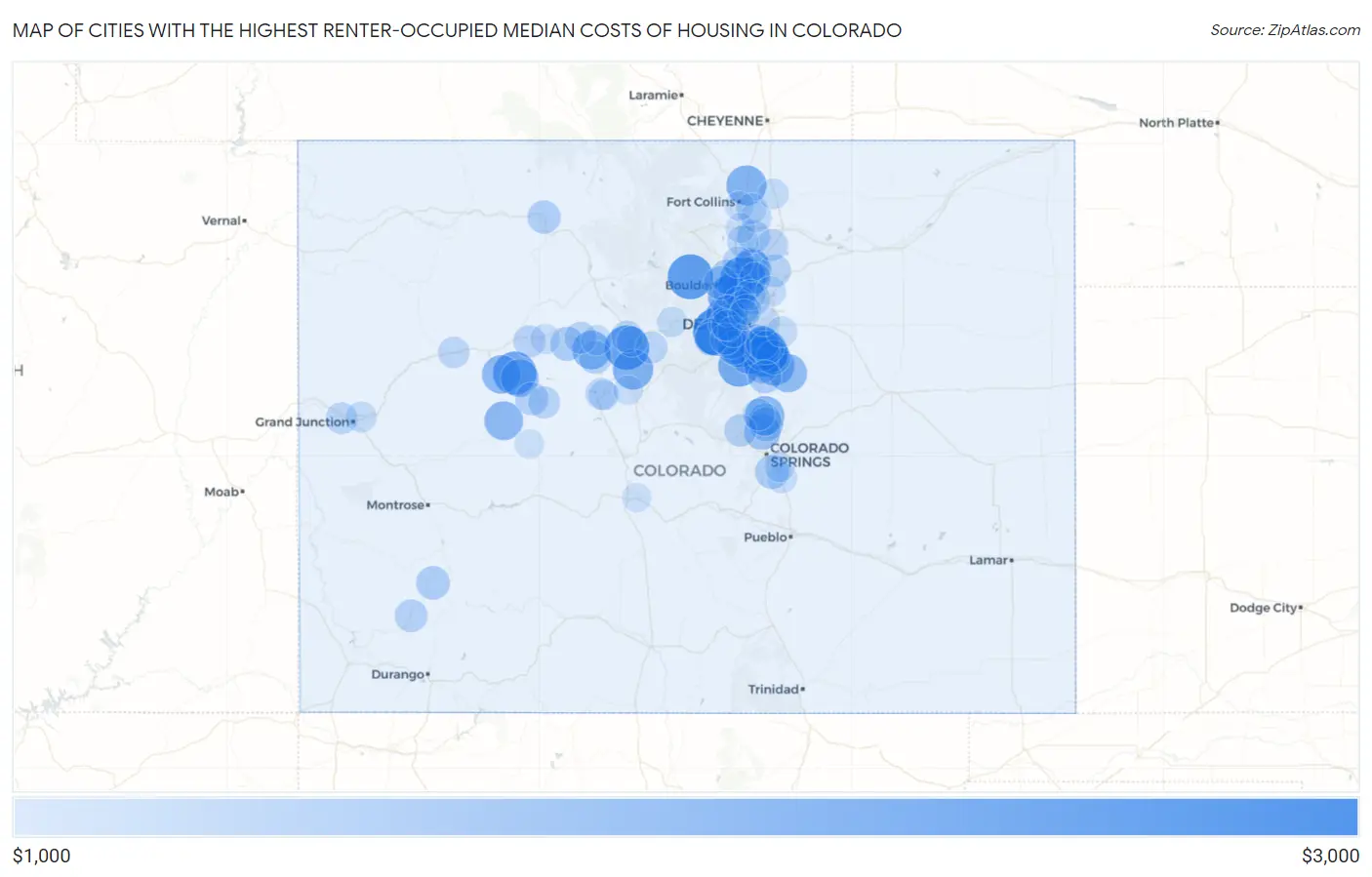 Cities with the Highest Renter-Occupied Median Costs of Housing in Colorado Map