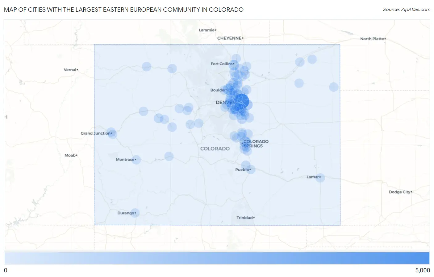 Cities with the Largest Eastern European Community in Colorado Map