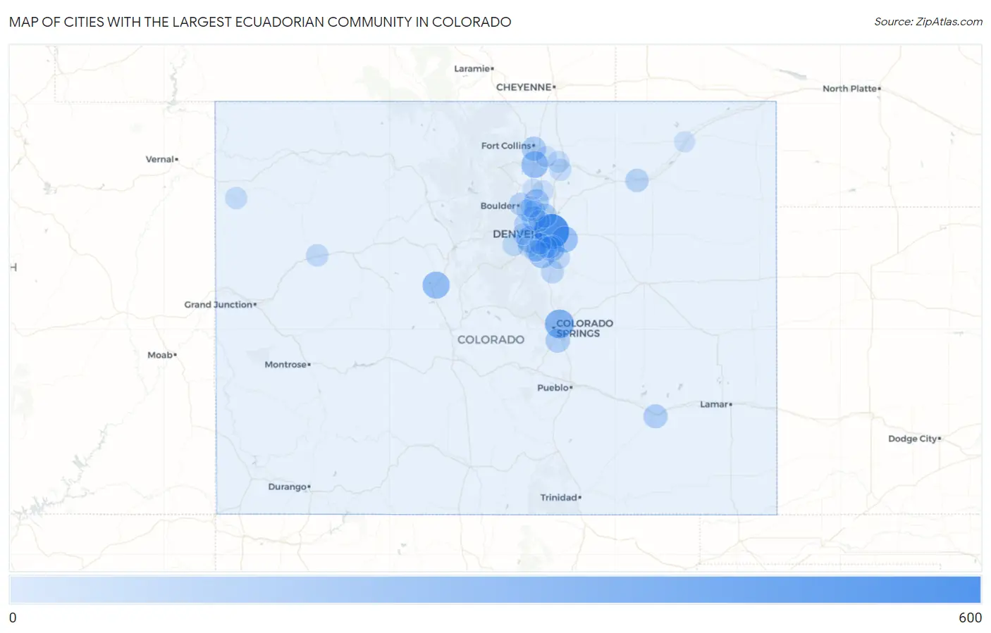 Cities with the Largest Ecuadorian Community in Colorado Map