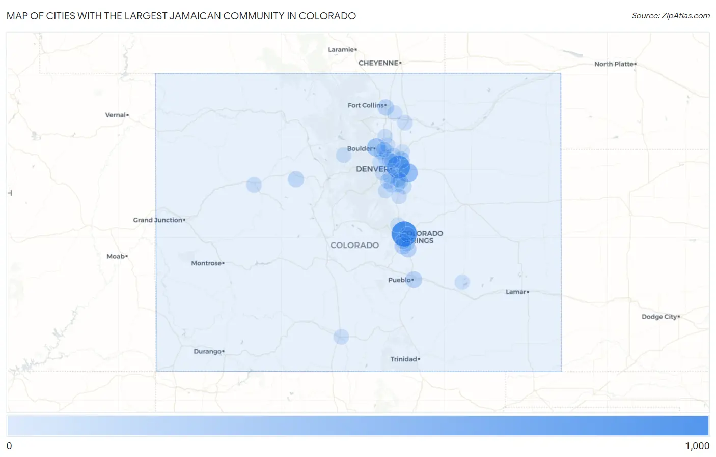 Cities with the Largest Jamaican Community in Colorado Map