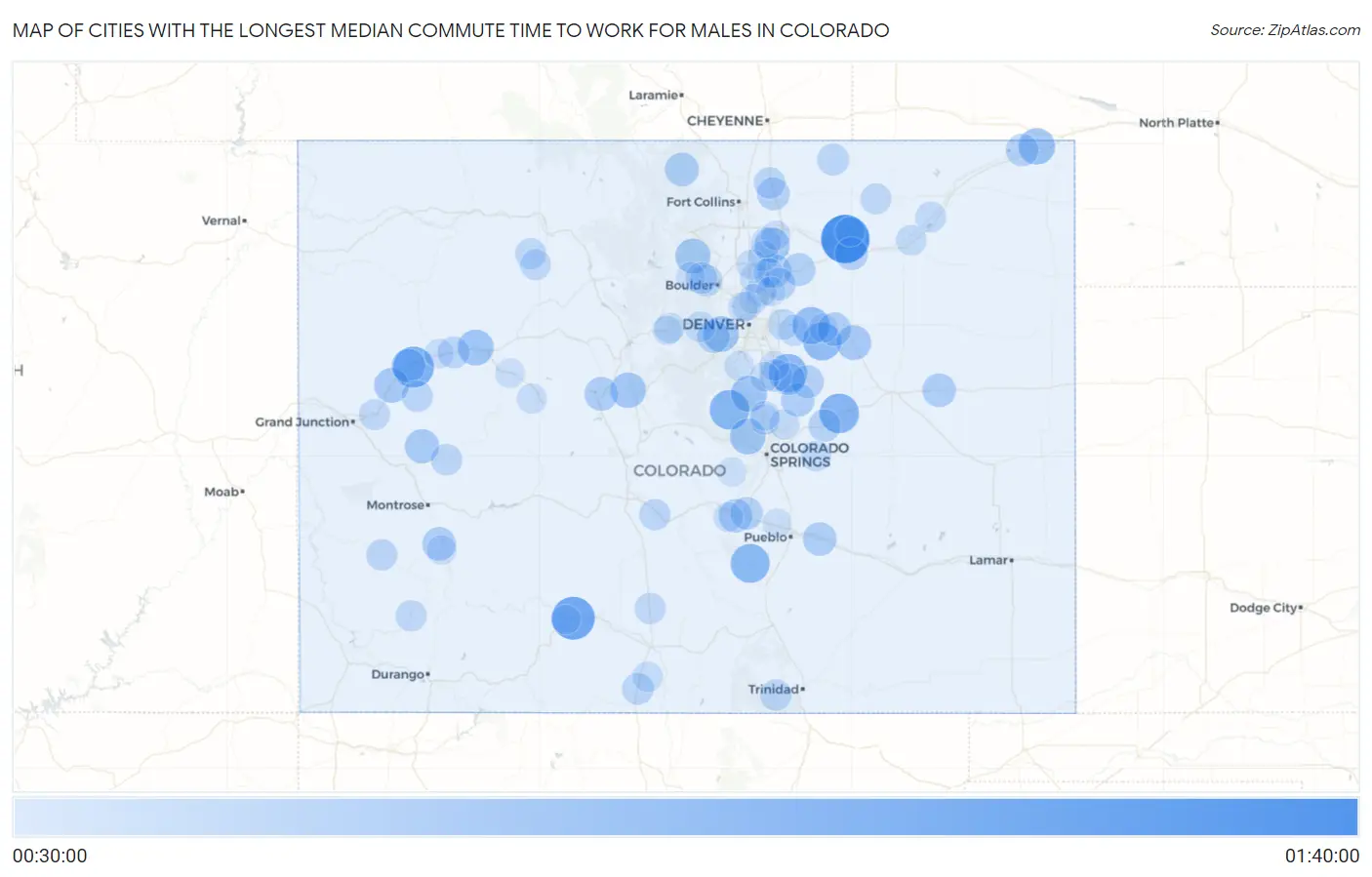 Cities with the Longest Median Commute Time to Work for Males in Colorado Map