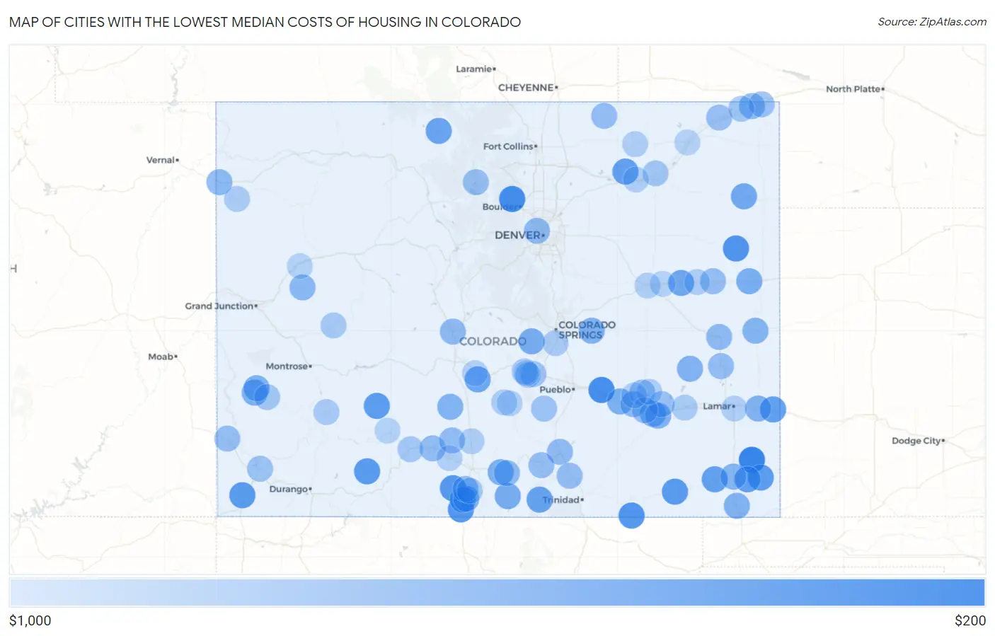 Cities with the Lowest Median Costs of Housing in Colorado Map