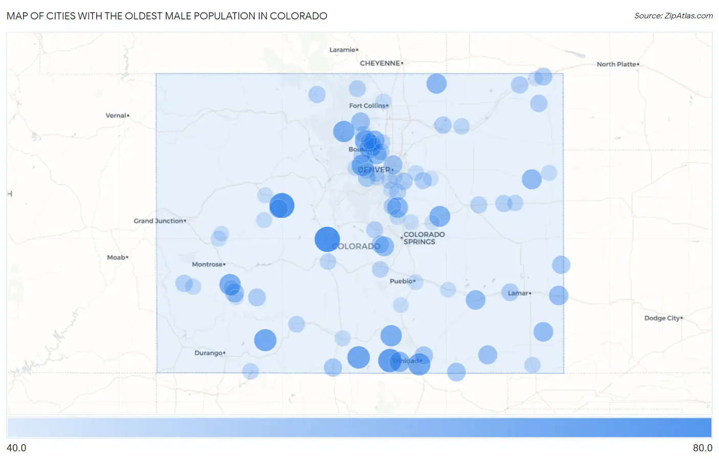 Cities with the Oldest Male Population in Colorado Map