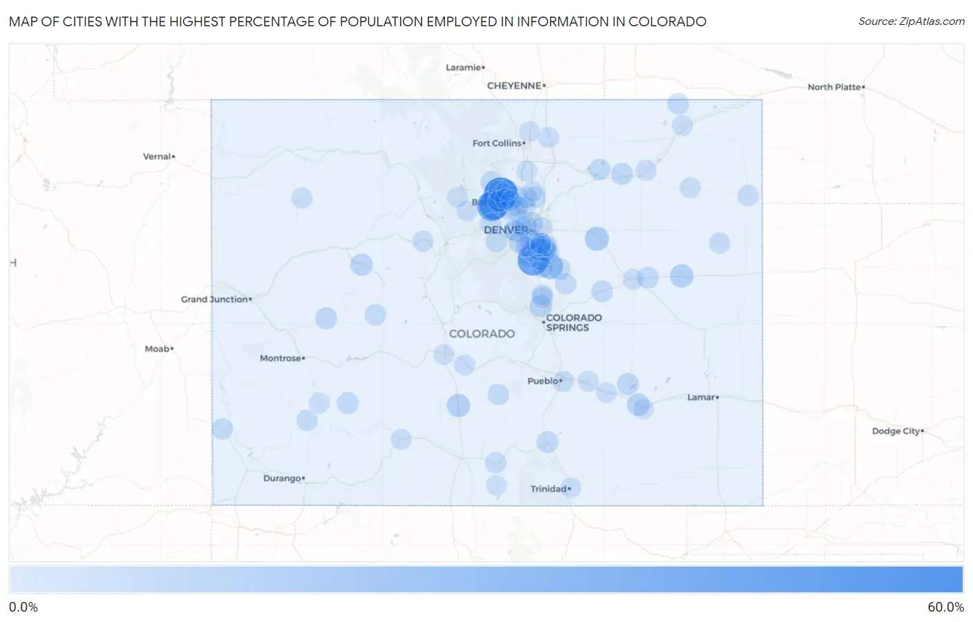 Cities with the Highest Percentage of Population Employed in Information in Colorado Map