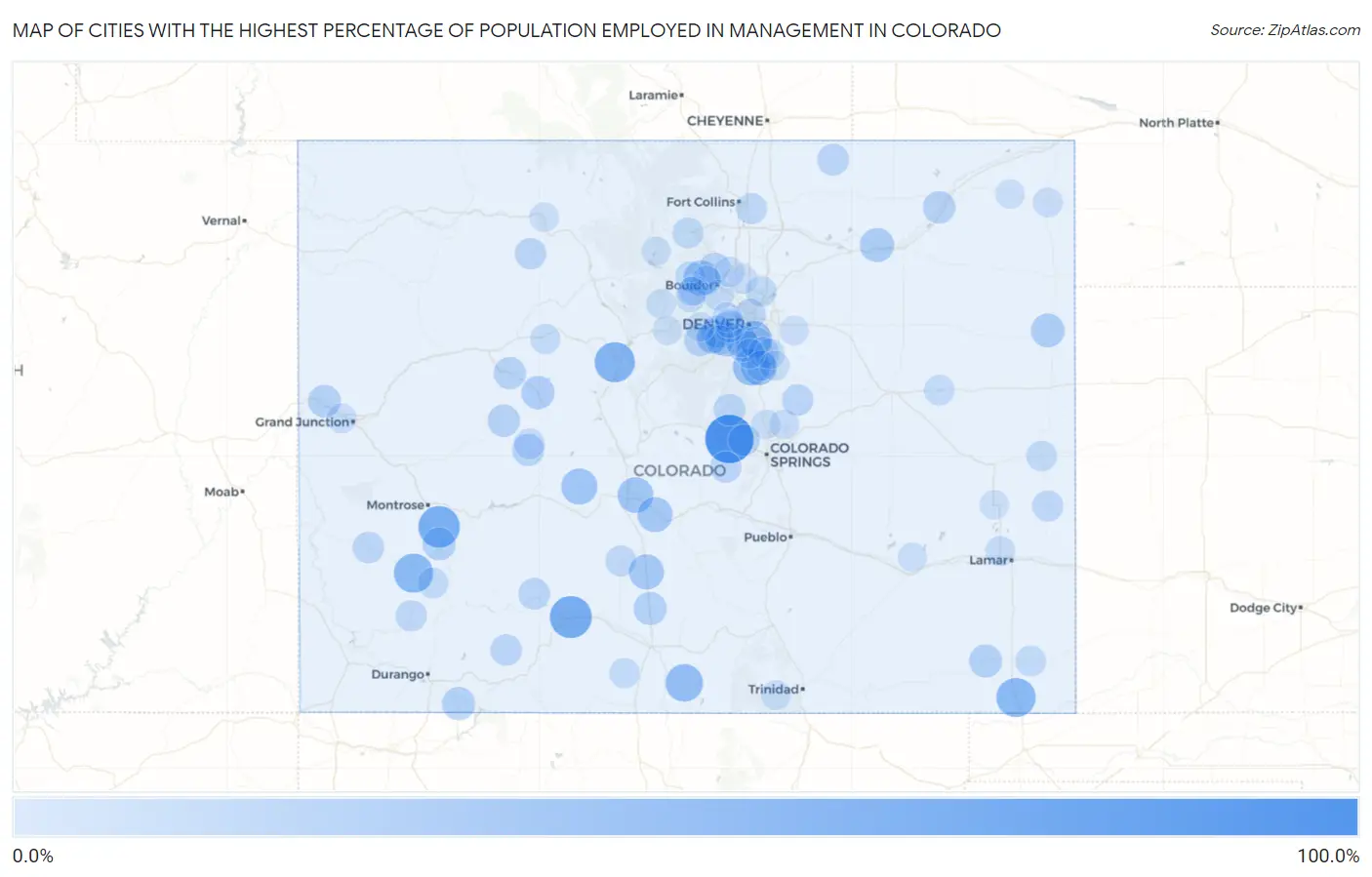 Cities with the Highest Percentage of Population Employed in Management in Colorado Map