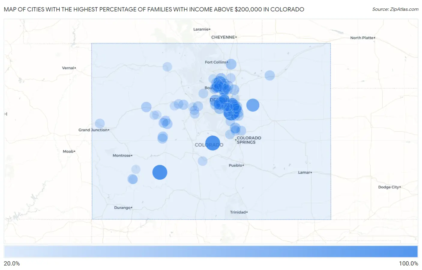 Cities with the Highest Percentage of Families with Income Above $200,000 in Colorado Map
