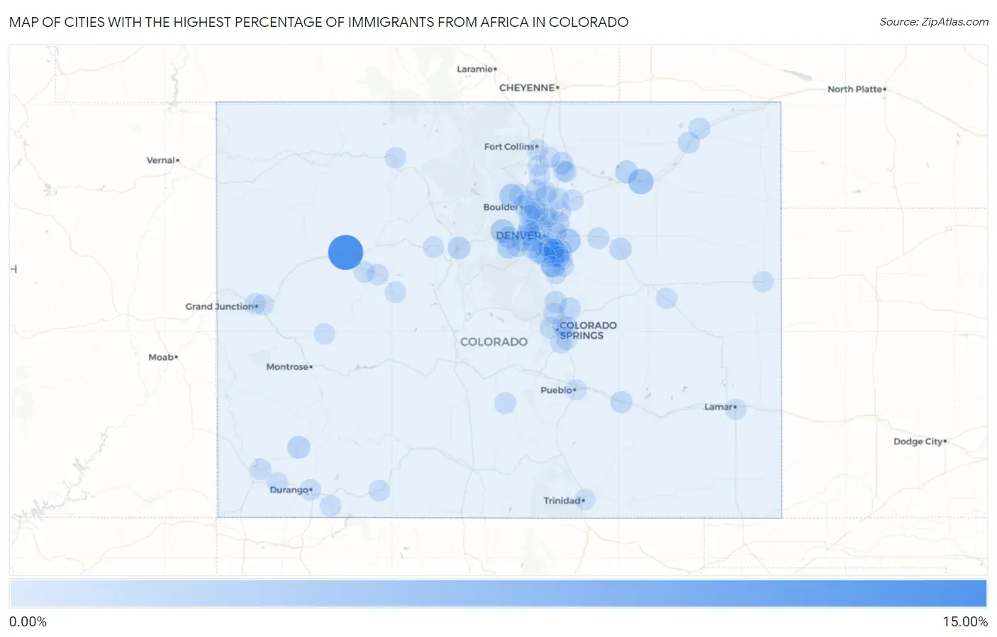 Cities with the Highest Percentage of Immigrants from Africa in Colorado Map