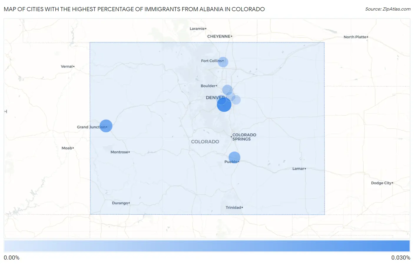 Cities with the Highest Percentage of Immigrants from Albania in Colorado Map