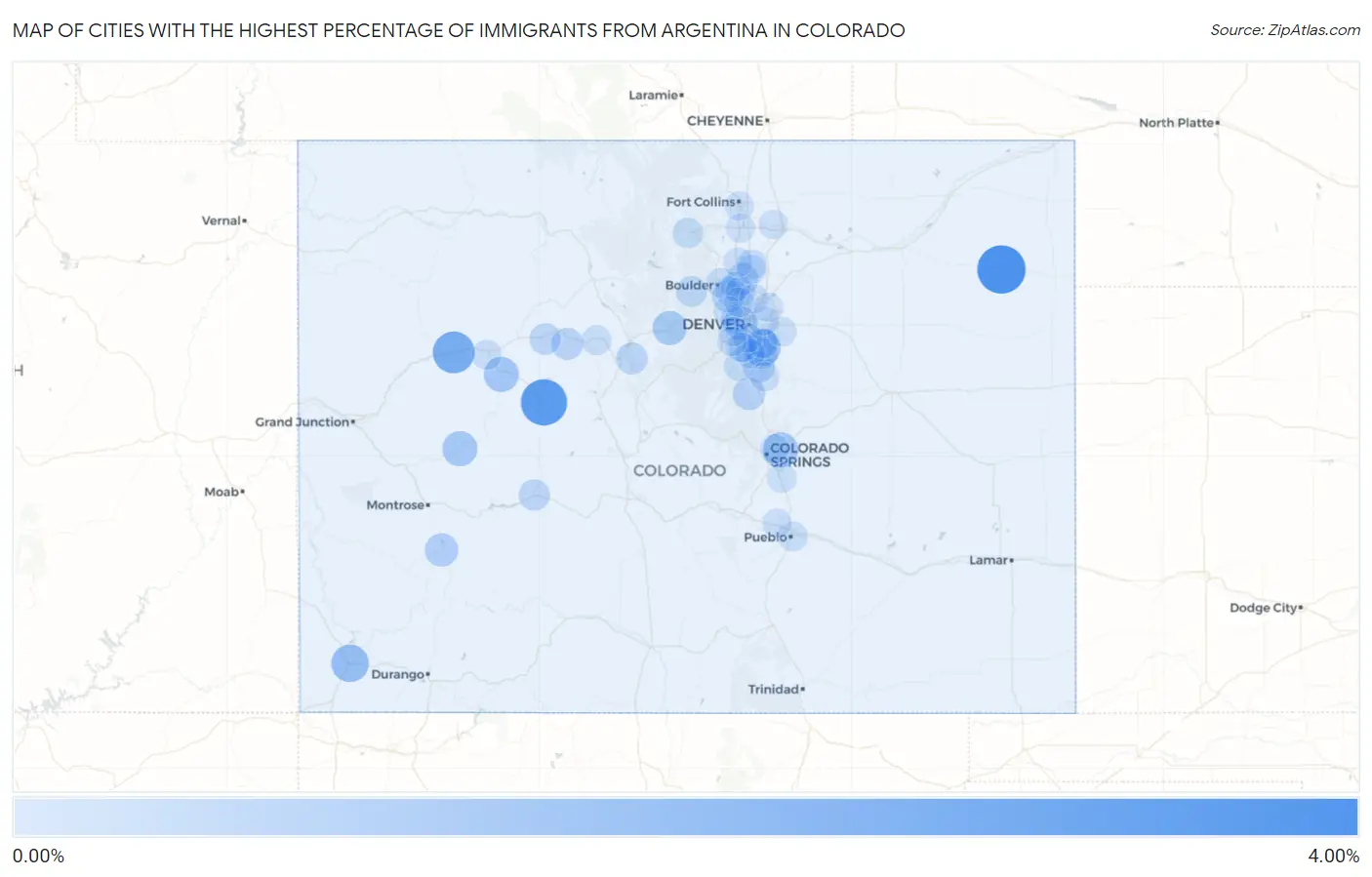 Cities with the Highest Percentage of Immigrants from Argentina in Colorado Map