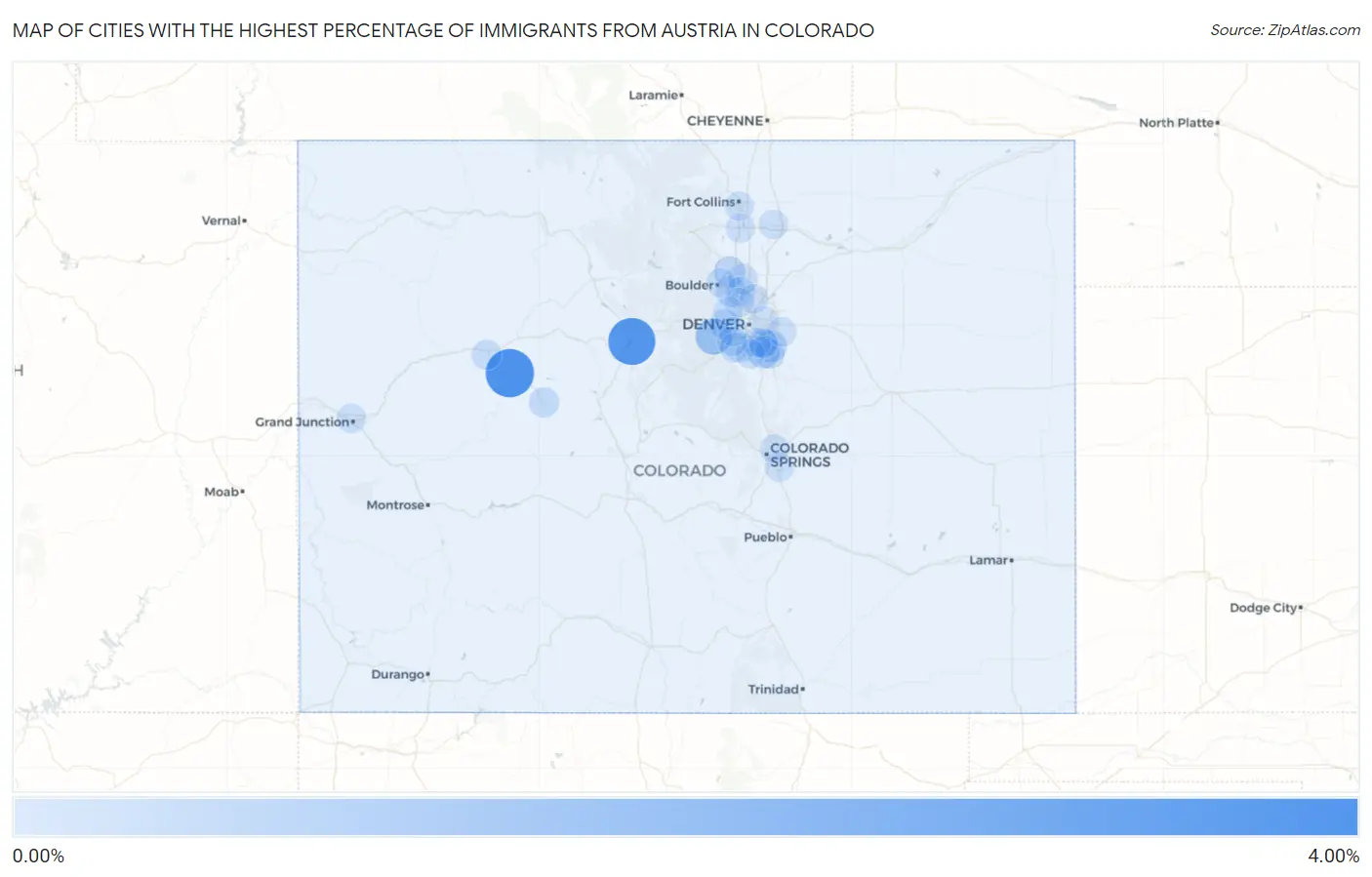 Cities with the Highest Percentage of Immigrants from Austria in Colorado Map