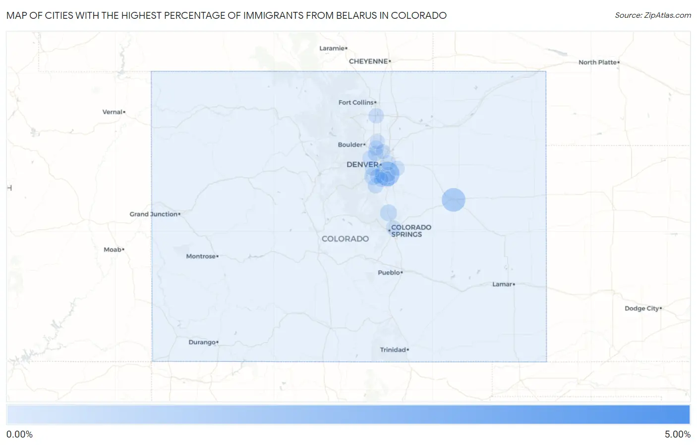 Cities with the Highest Percentage of Immigrants from Belarus in Colorado Map