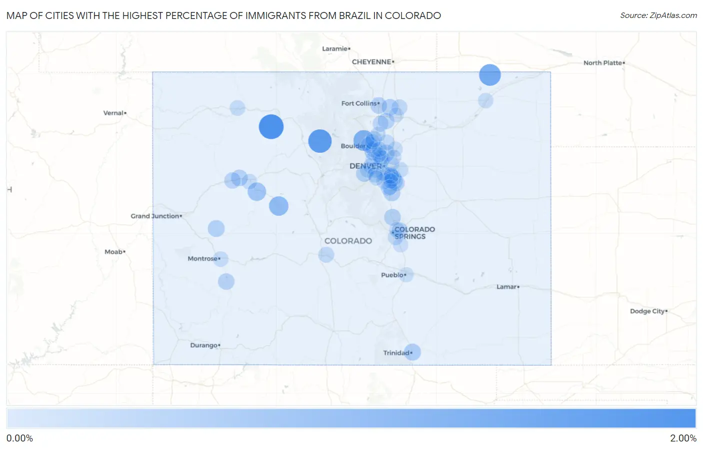 Cities with the Highest Percentage of Immigrants from Brazil in Colorado Map
