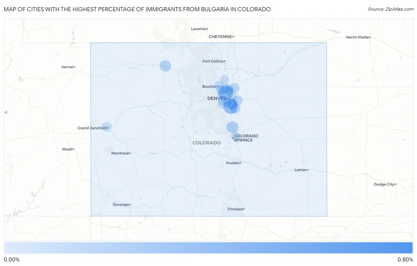 Cities with the Highest Percentage of Immigrants from Bulgaria in Colorado Map