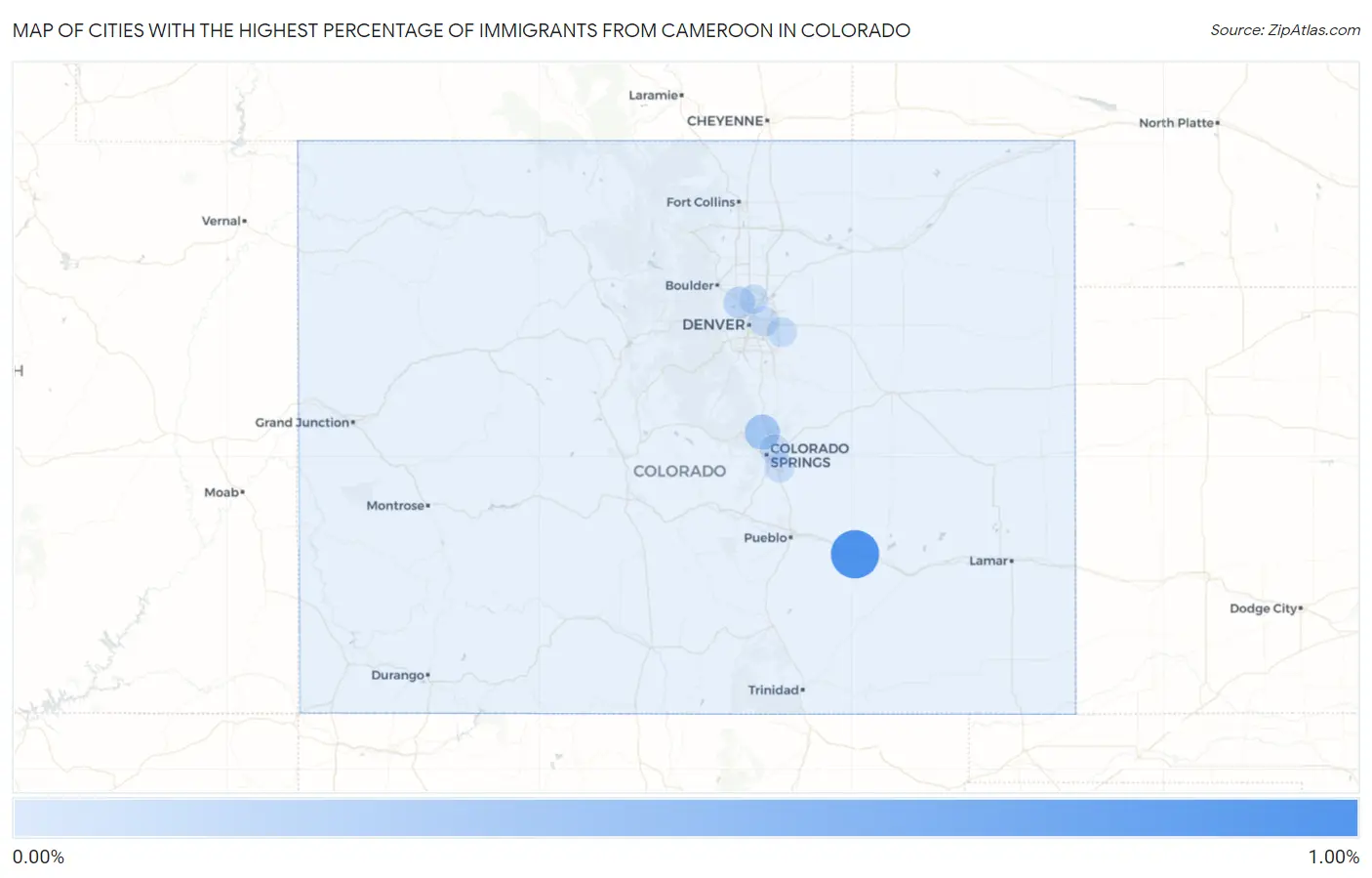 Cities with the Highest Percentage of Immigrants from Cameroon in Colorado Map