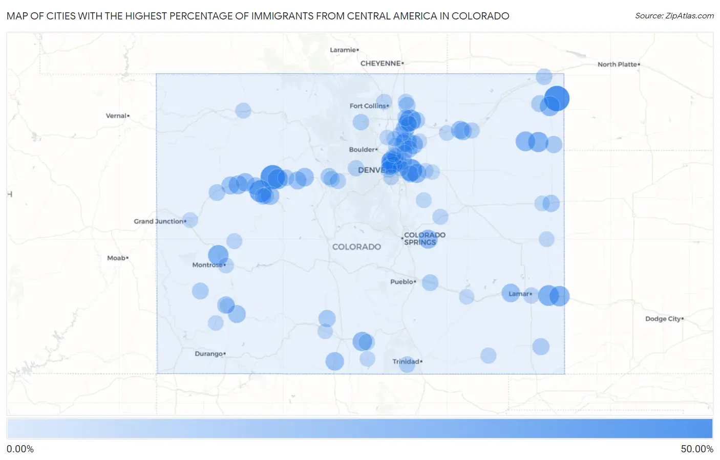 Cities with the Highest Percentage of Immigrants from Central America in Colorado Map