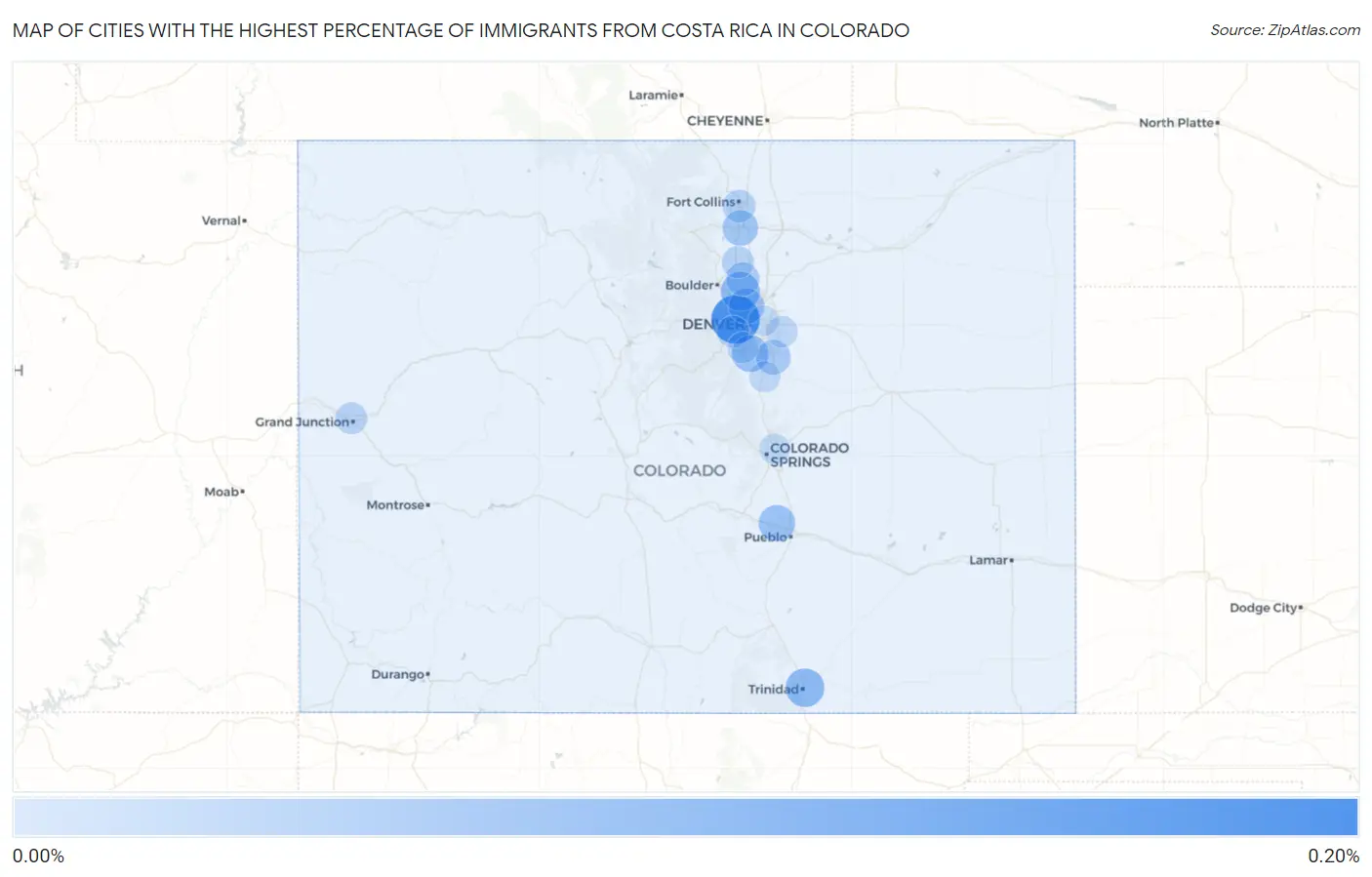 Cities with the Highest Percentage of Immigrants from Costa Rica in Colorado Map