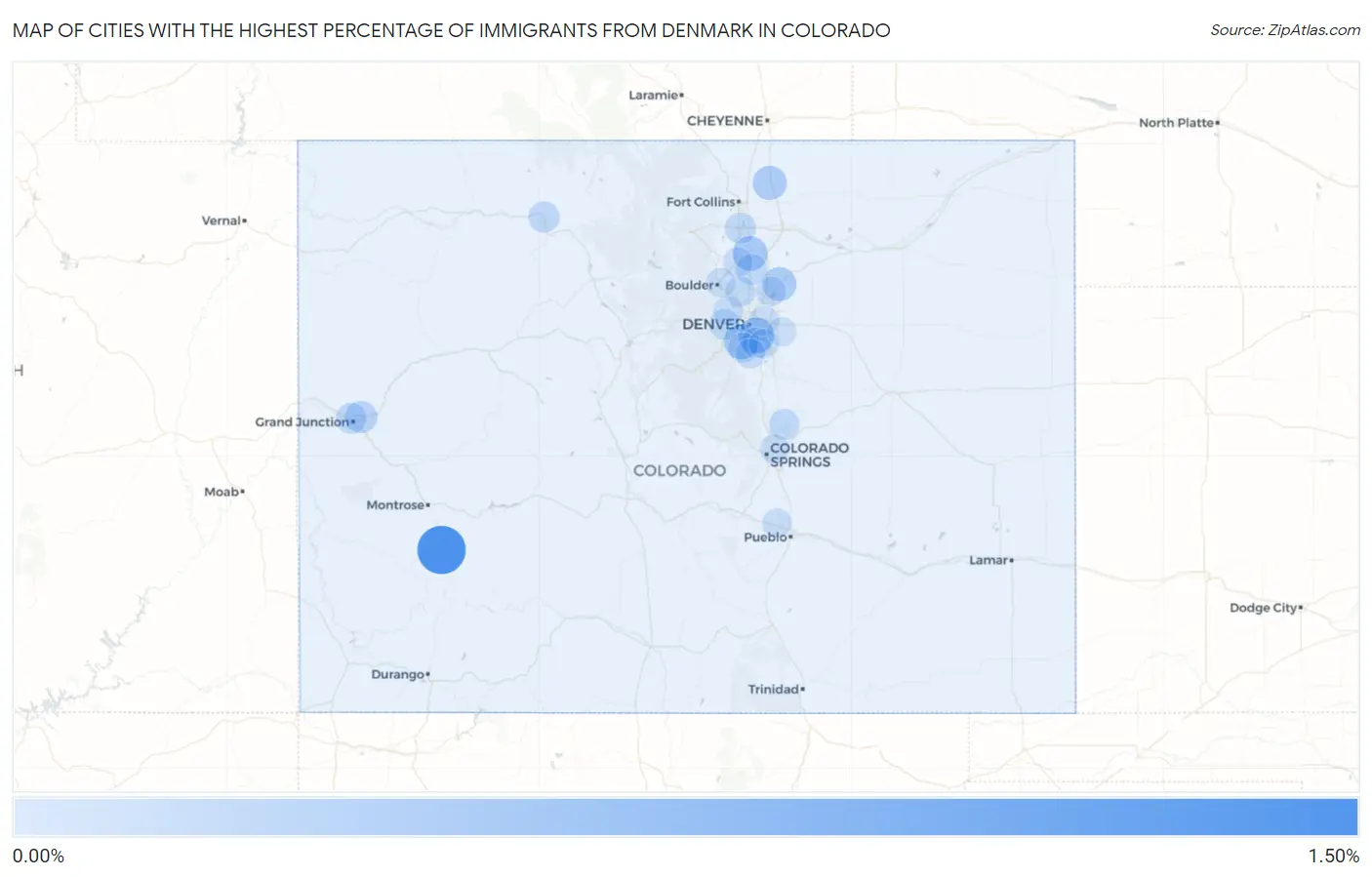 Cities with the Highest Percentage of Immigrants from Denmark in Colorado Map
