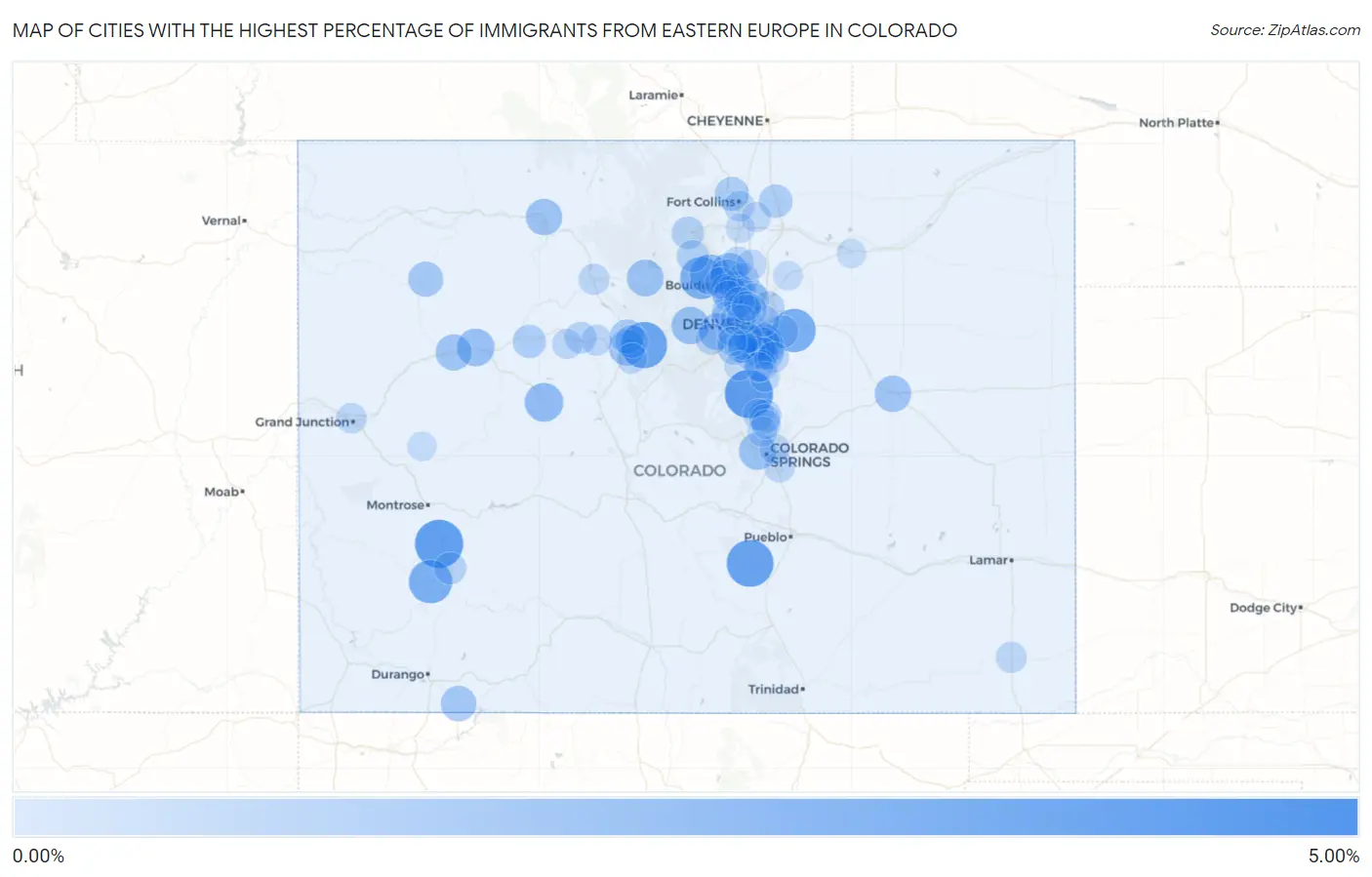 Cities with the Highest Percentage of Immigrants from Eastern Europe in Colorado Map