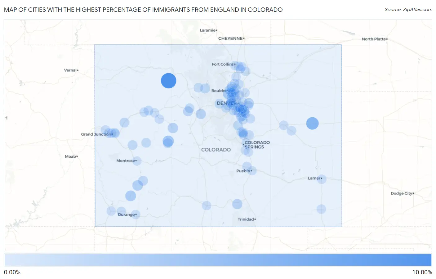 Cities with the Highest Percentage of Immigrants from England in Colorado Map