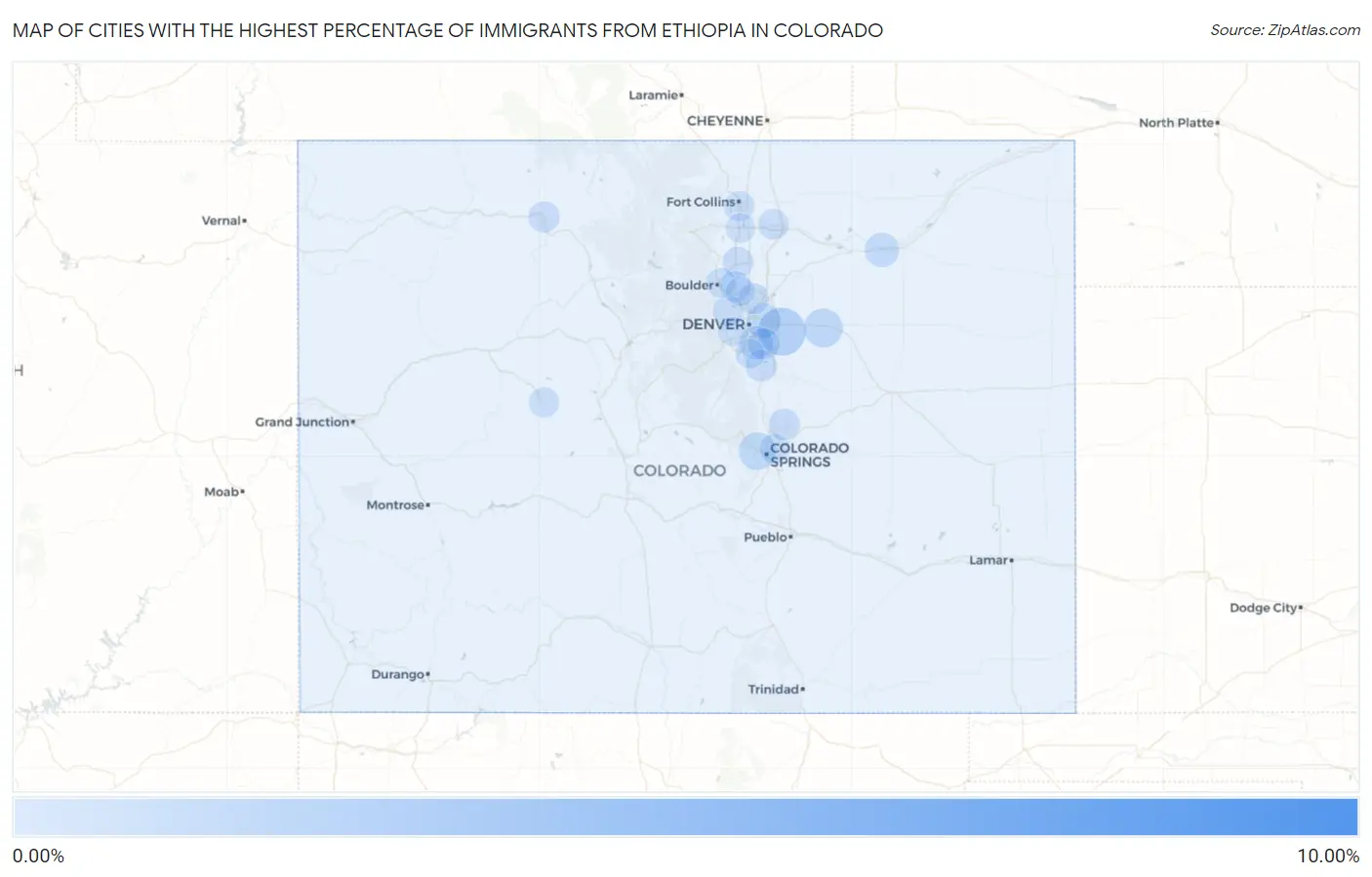 Cities with the Highest Percentage of Immigrants from Ethiopia in Colorado Map