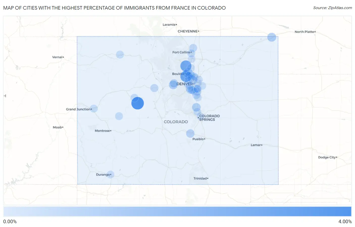 Cities with the Highest Percentage of Immigrants from France in Colorado Map