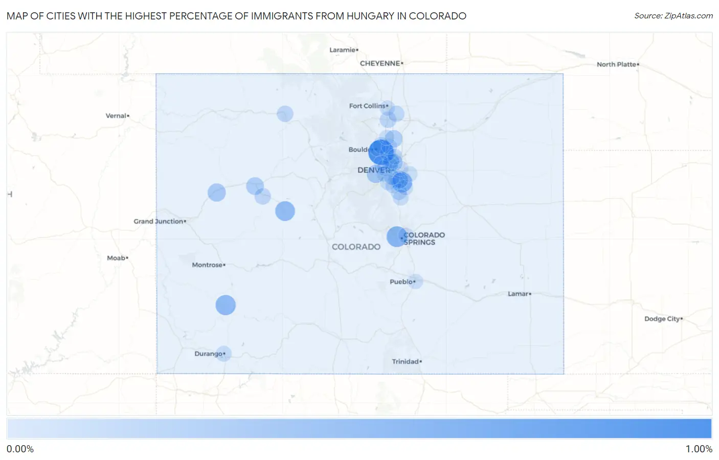 Cities with the Highest Percentage of Immigrants from Hungary in Colorado Map