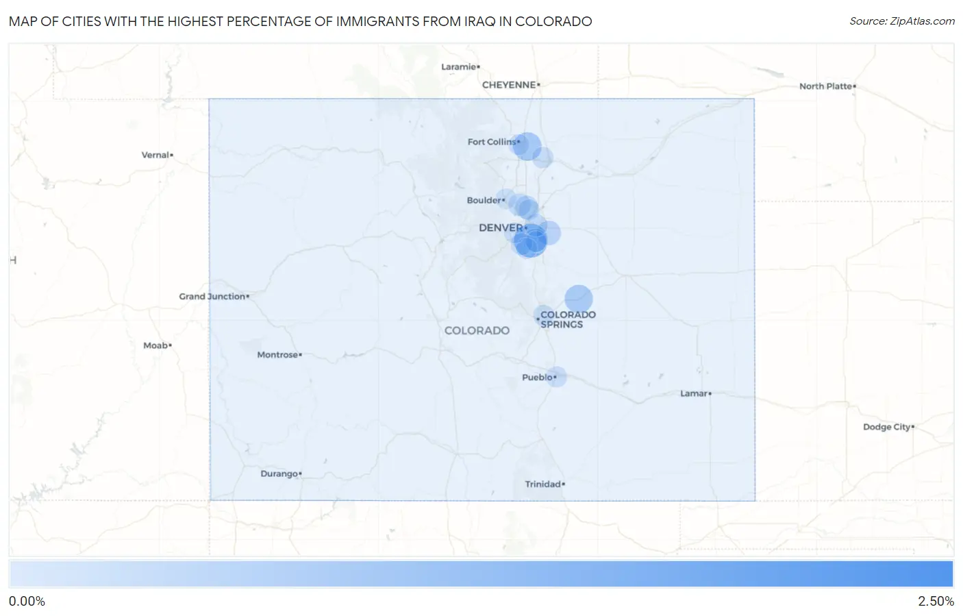 Cities with the Highest Percentage of Immigrants from Iraq in Colorado Map