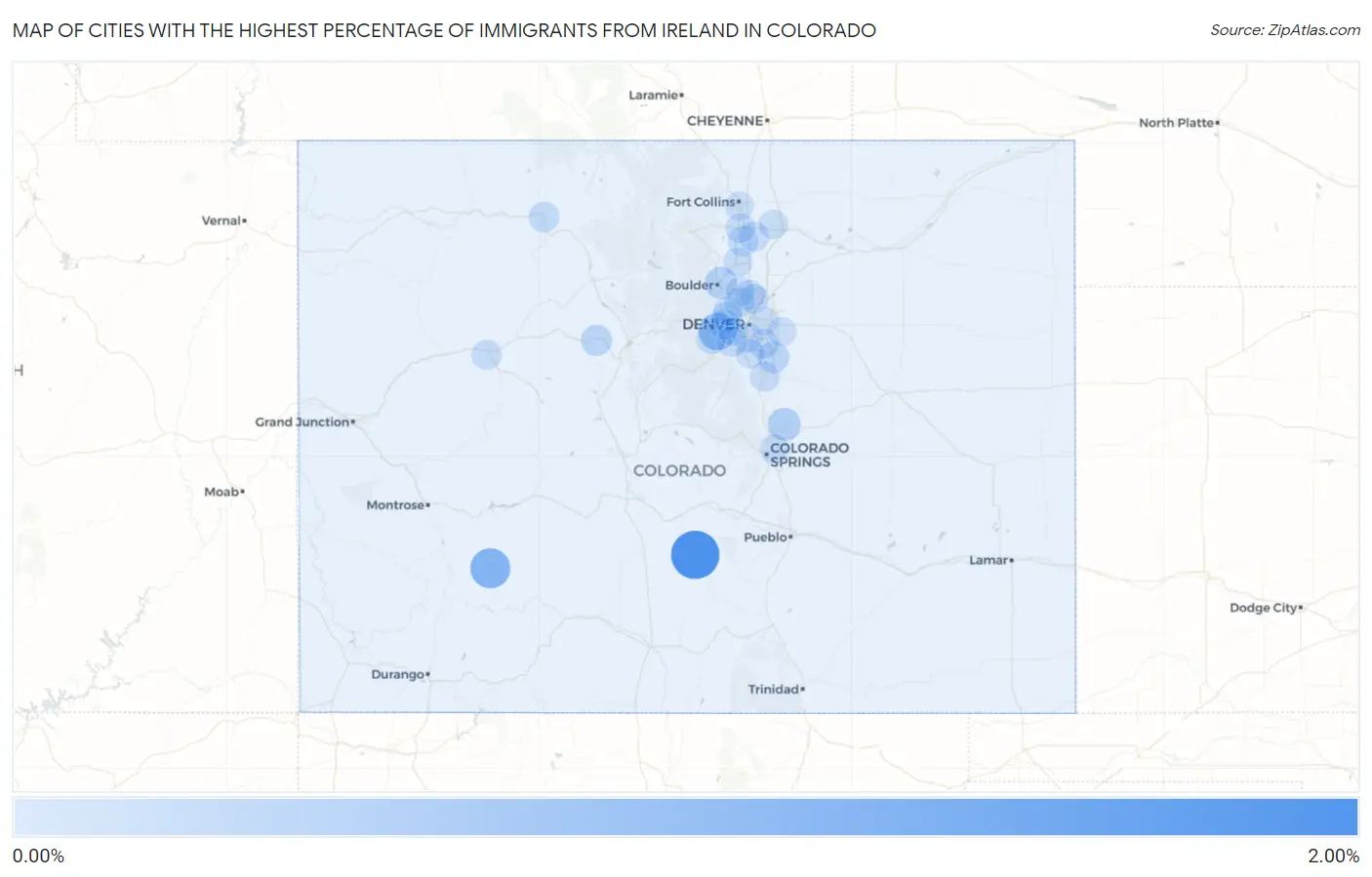 Cities with the Highest Percentage of Immigrants from Ireland in Colorado Map