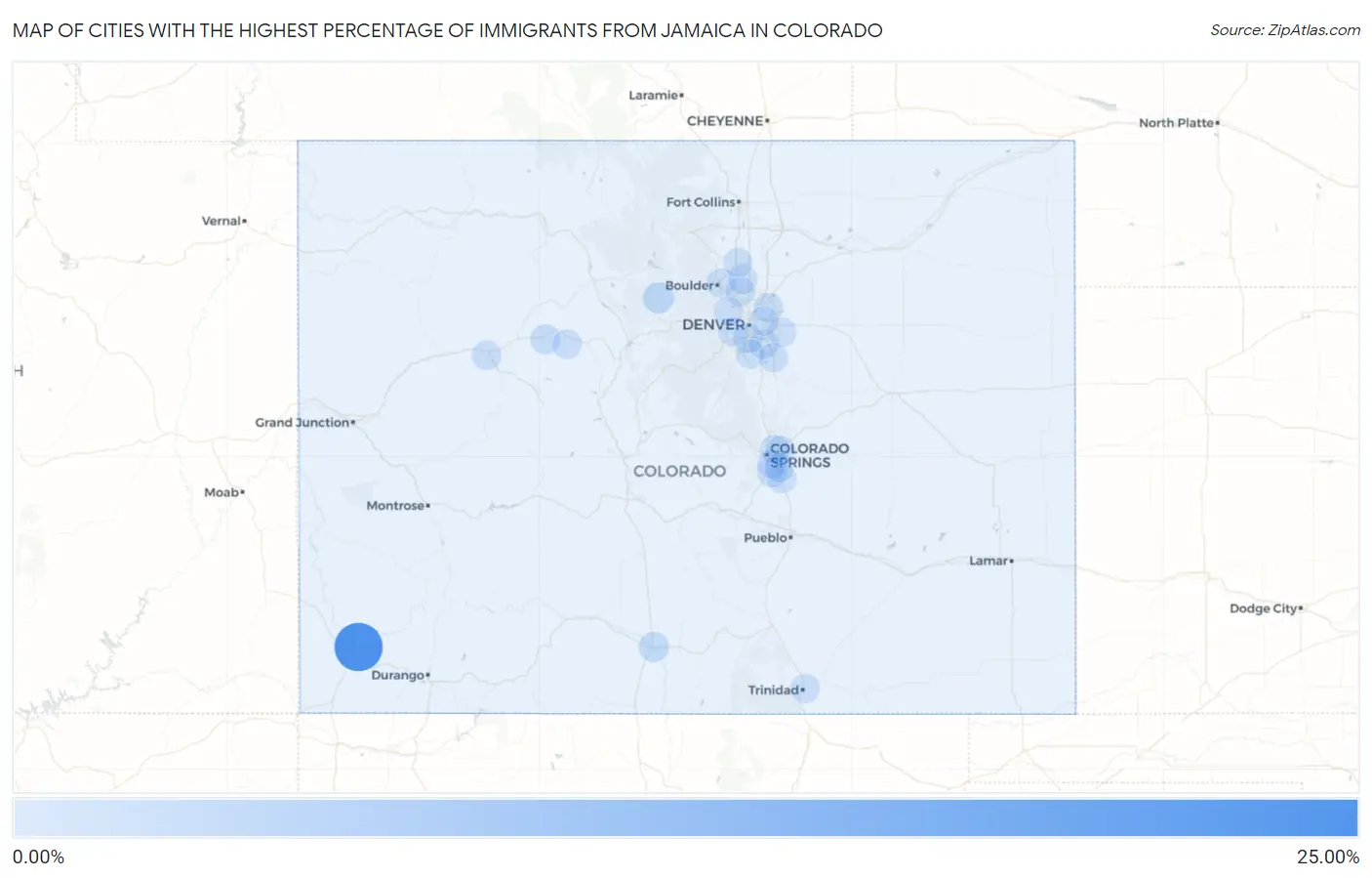 Cities with the Highest Percentage of Immigrants from Jamaica in Colorado Map